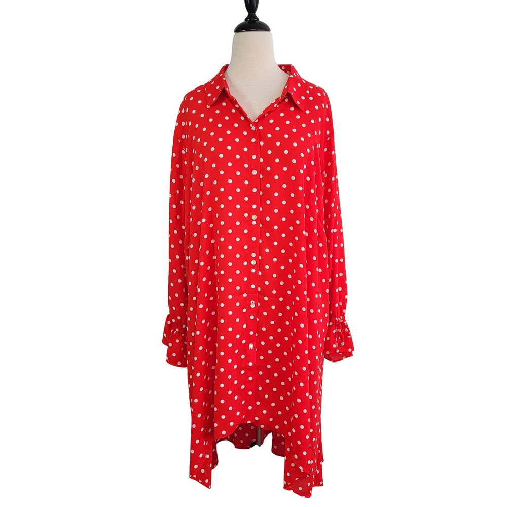 Susan Graver Red‎ Polka Dot Hi Low Georgette Duster Button Front 3X NWOT Retro